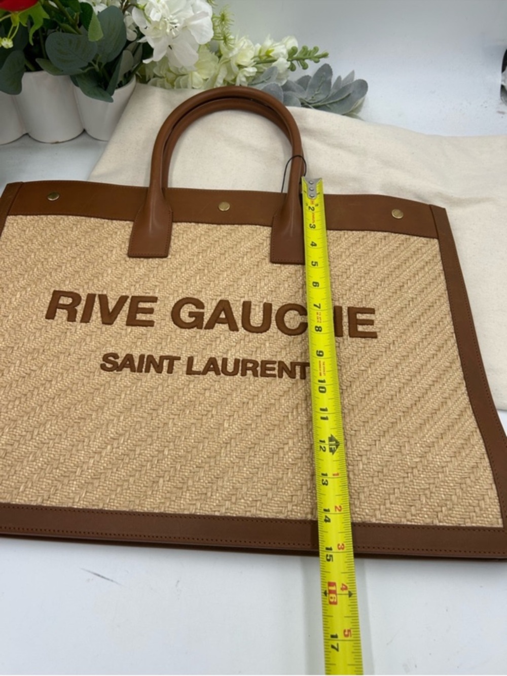 Women’s Saint Laurent RIVE GAUCHE tote bag natural sand, RAFFIAN brick leather - Picture 15 of 15